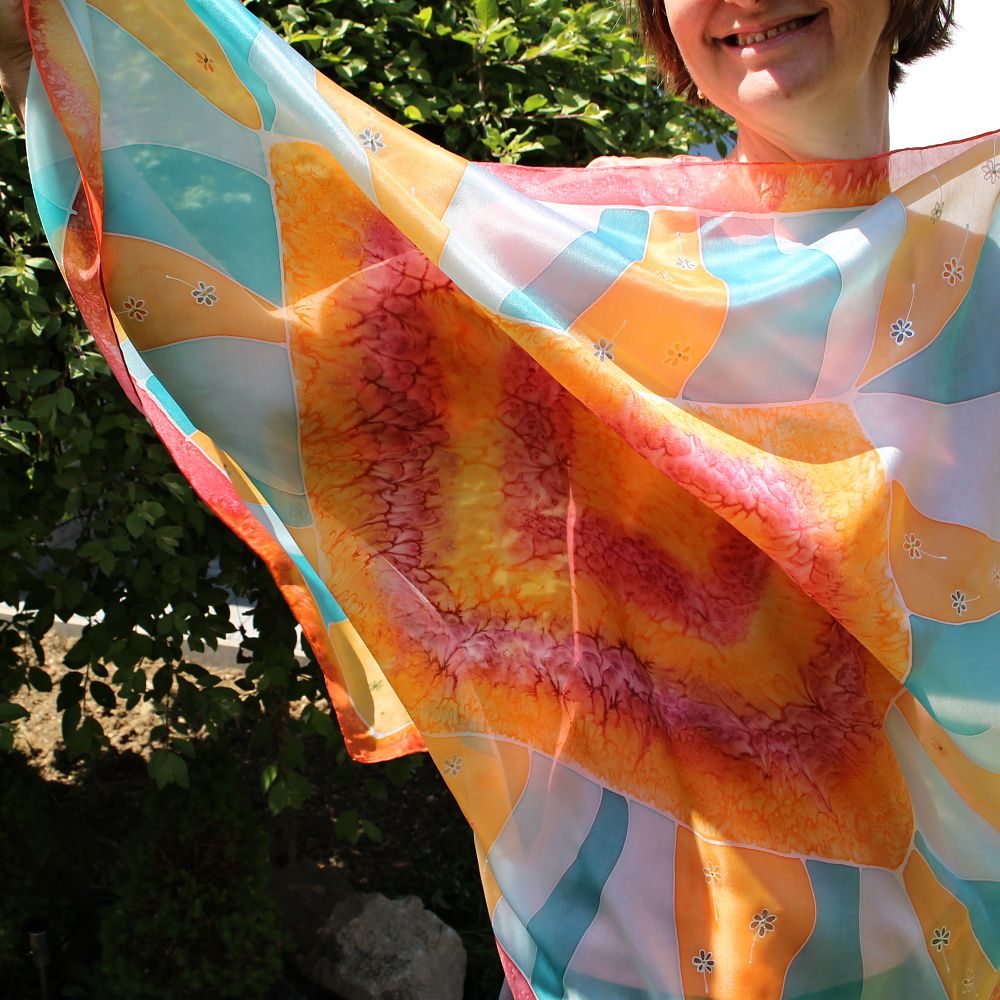 Hedvábný šátek - Tropická kráska Batitex - malovaná, batikovaná trička, šaty, mikiny, šátky, šály, kravaty