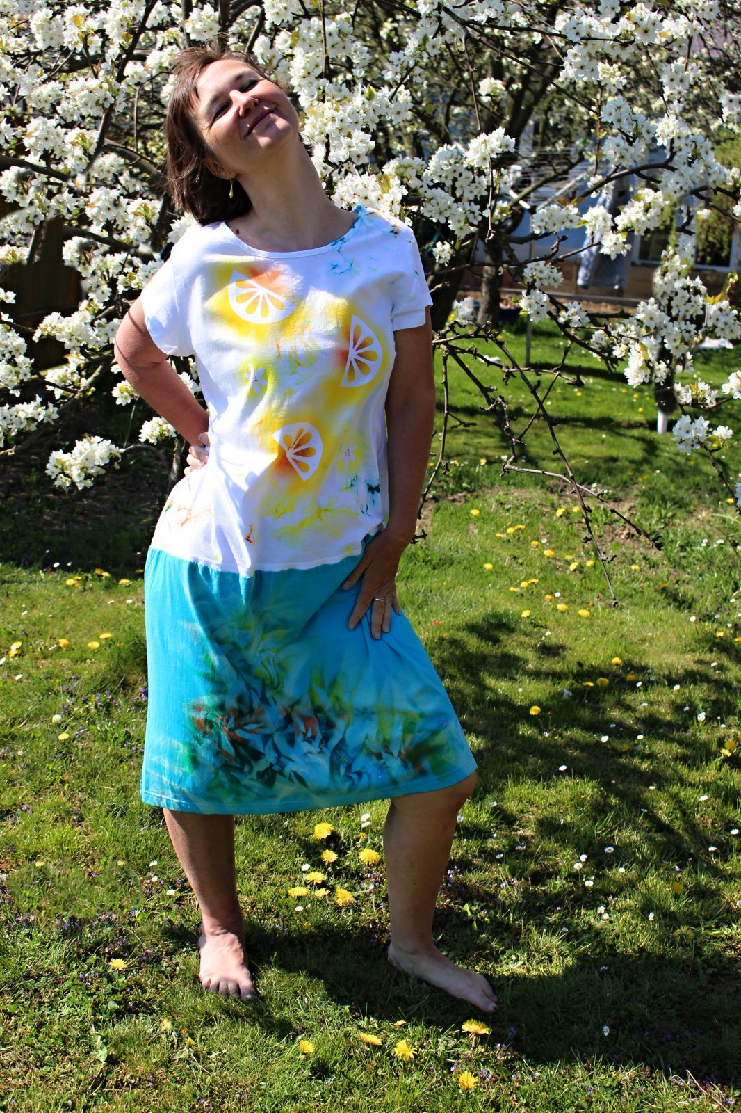 Malované batikované šaty - Citronáda, z autorské dílny z Olomouce - velikost 3XL Batitex - malovaná, batikovaná trička, šaty, mikiny, šátky, šály, kravaty